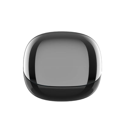 Wireless Bluetooth headset with transparent case, showcasing its sleek and compact design