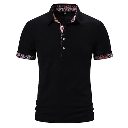 Men's polo shirt in cotton blend fabric with colour stitching at neck, available in white, black, or navy blue with European sizing