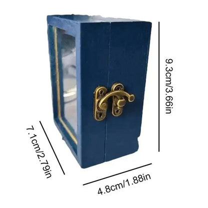 Handcrafted mini bookshelf made of wood with 60 miniature books for stress relief and mindfulness
