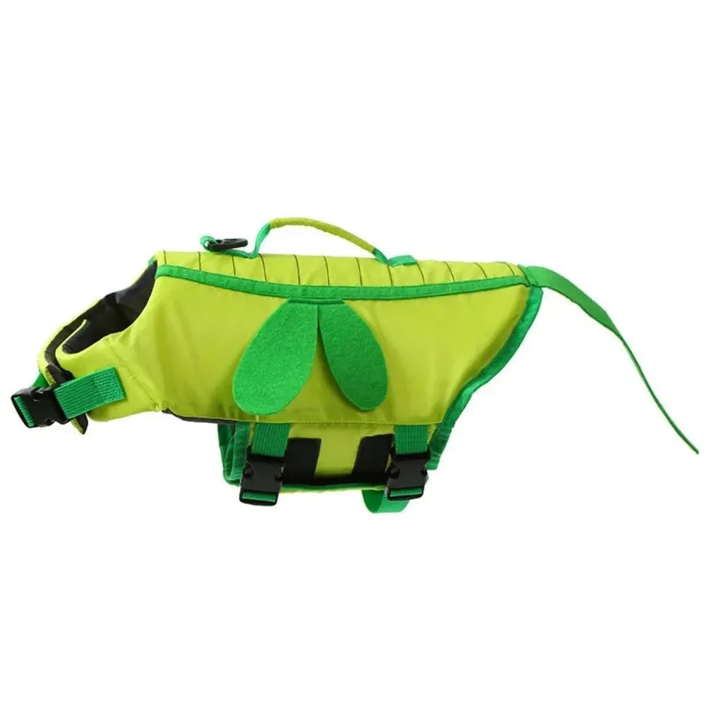 Green dog life vest with reflective strips and adjustable straps on a model.