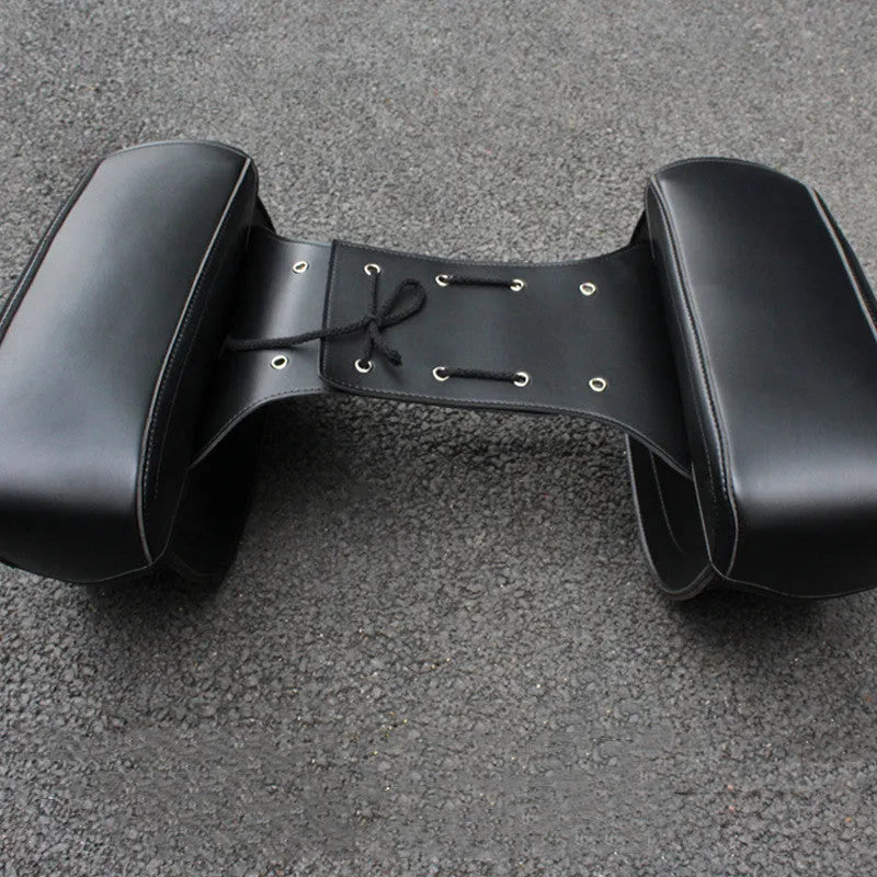Retro-style black PU leather motorcycle side box mounted on a bike rail.