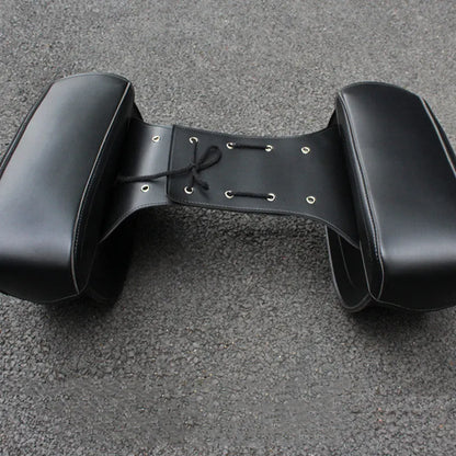 Retro-style black PU leather motorcycle side box mounted on a bike rail.