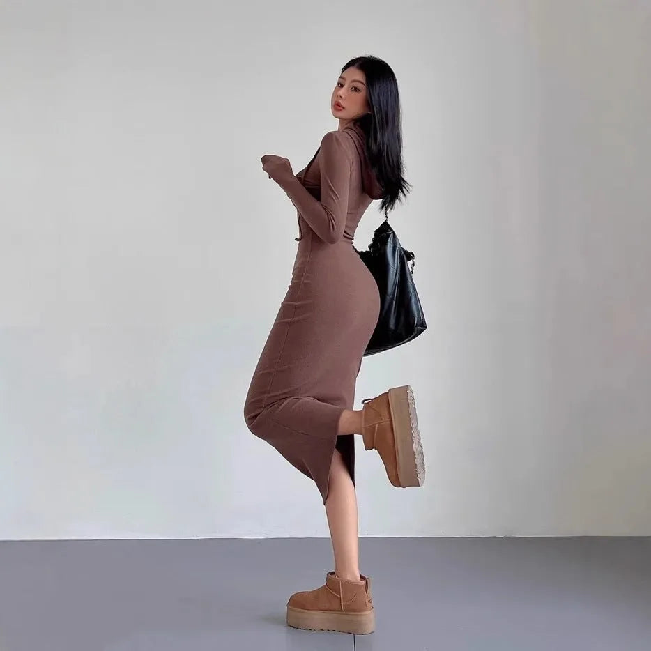 Women's sheath over-the-knee dress with hood and long sleeves in polyester, available in multiple colours