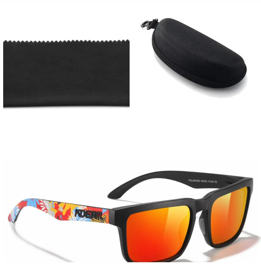 Square polarised sunglasses with TAC lenses and a PC frame, shown in one of 12 available colour options.