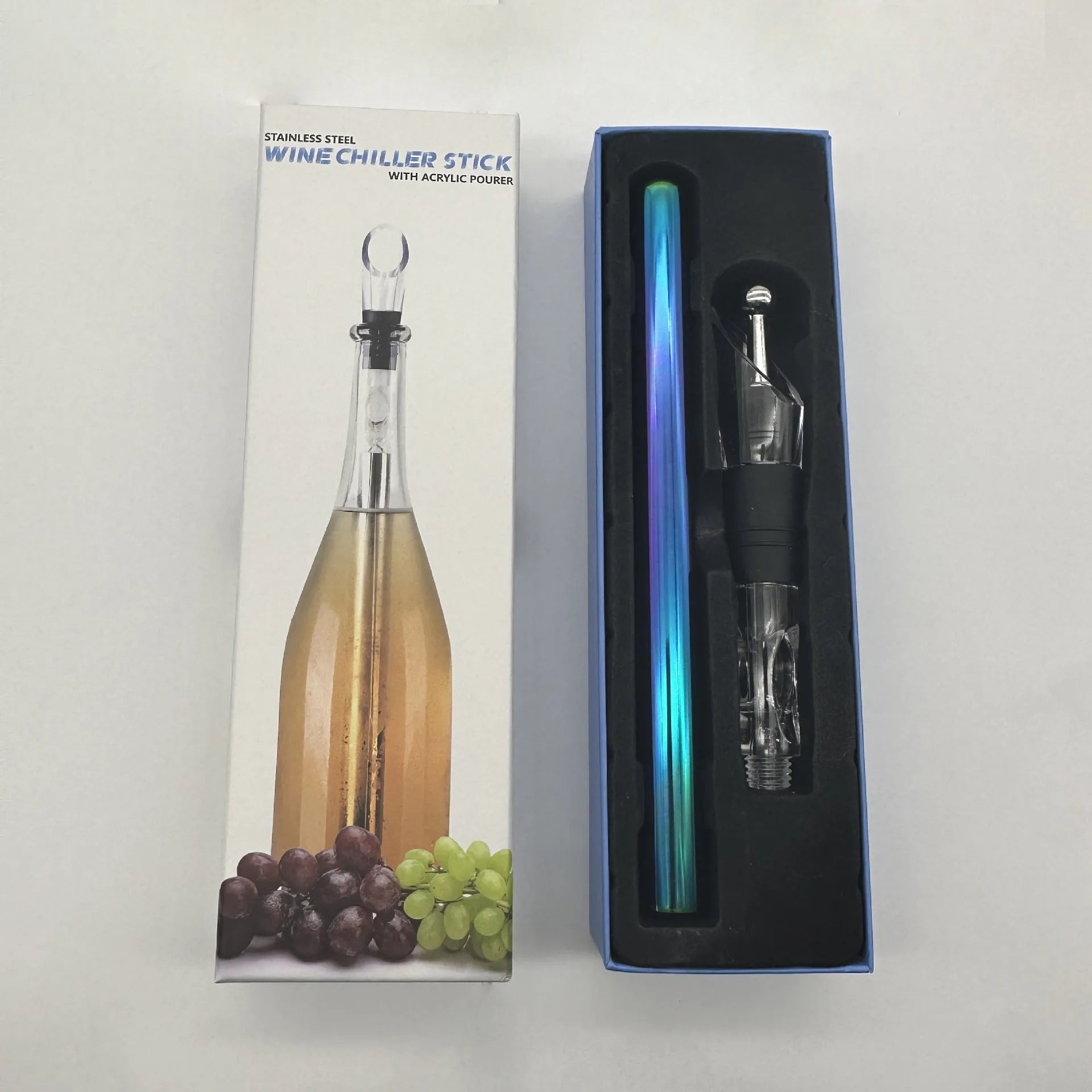 Stainless steel wine chilling rod with acrylic aerator pourer for cooling bottles from inside