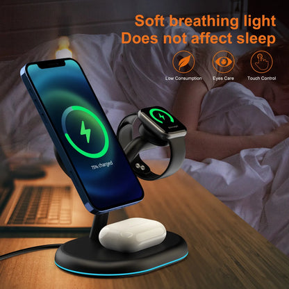 Black three-in-one magnetic wireless charger charging three devices simultaneously on wooden surface