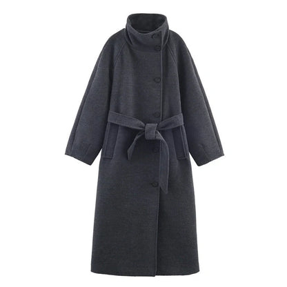 Grey women's stand collar belt overcoat with 100cm lengthened design and medium thickness construction