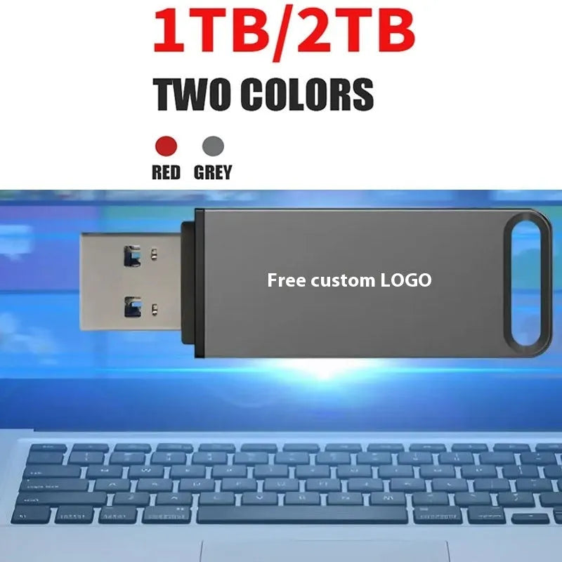 Customisable metal USB flash drive in black, red, or silver, showing high-capacity options for data storage.