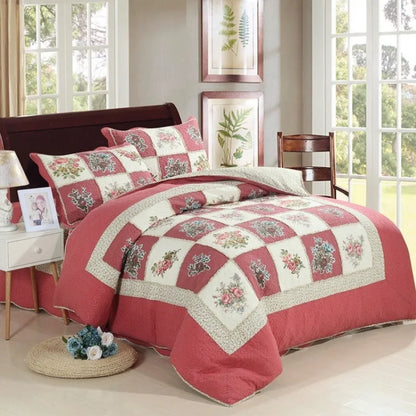 Pure cotton quilted three-piece bedding set showing 230 × 250cm bedspread and 50 × 70cm pillowcases with 68*64 fabric density