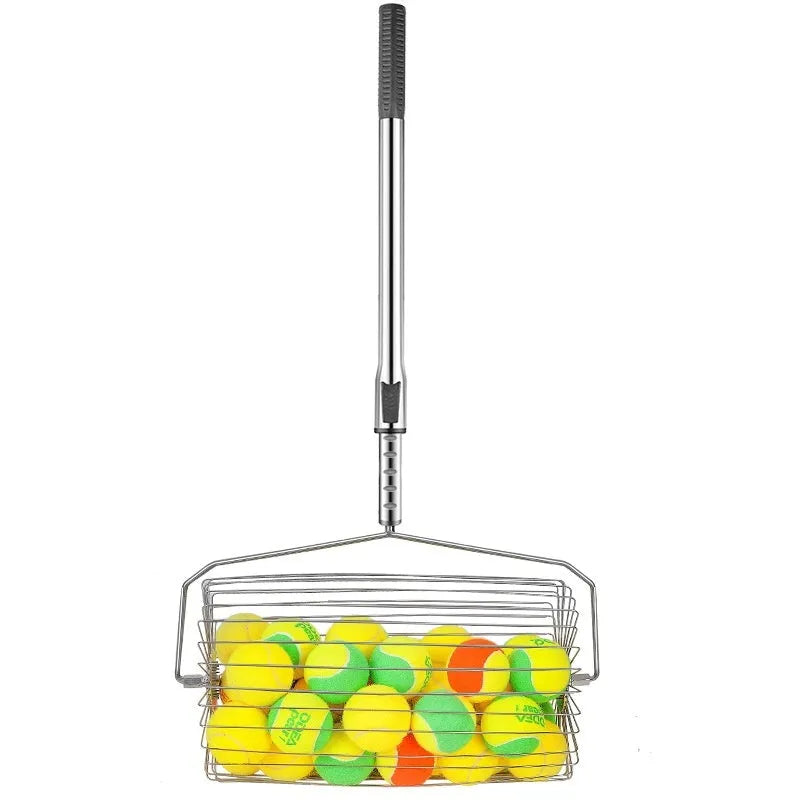 Stainless steel roller tennis ball picker on a court surface