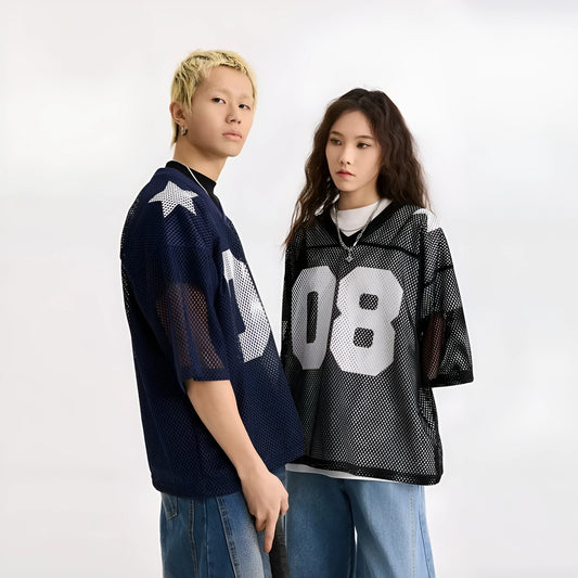 Black loose fit half sleeve shirt with a white letter print, laid flat.