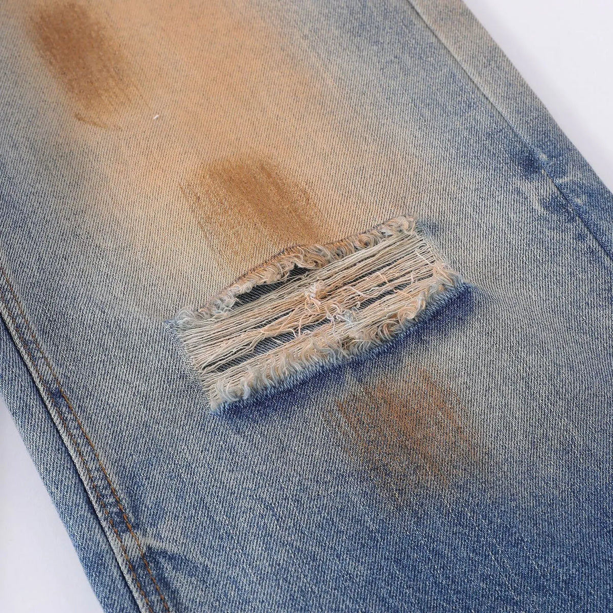 Men's vintage ripped jeans in washed blue cotton, loose straight-leg, mid waist, zipper fly, sizes S-XL.