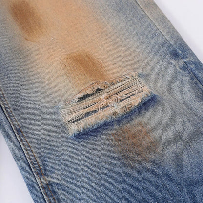 Men's vintage ripped jeans in washed blue cotton, loose straight-leg, mid waist, zipper fly, sizes S-XL.