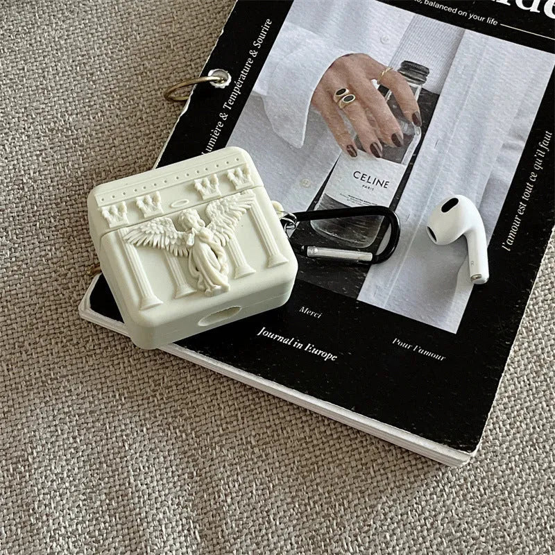 Silicone earphone case for Apple AirPods in white, grey, or red with 3D Angel design