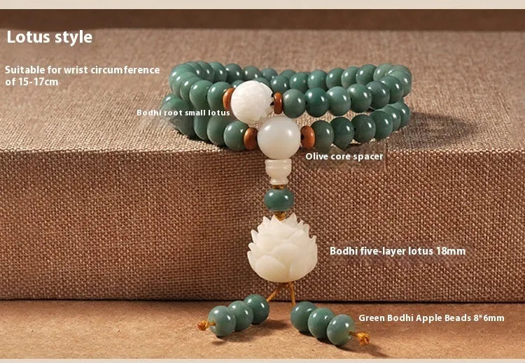 White jade bodhi and green sandalwood bracelet with a double ring safety buckle clasp.