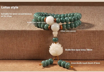 White jade bodhi and green sandalwood bracelet with a double ring safety buckle clasp.