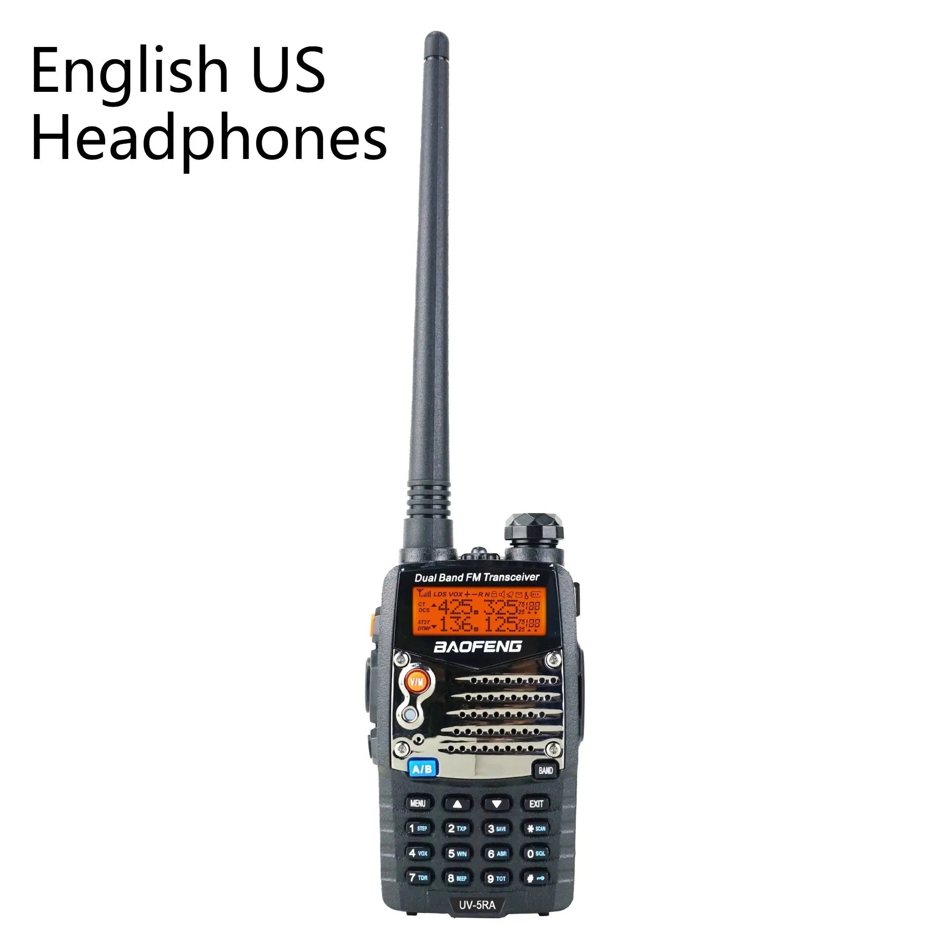 Baofeng UV-5RA handheld dual-band two-way radio with dual display screen and antenna.