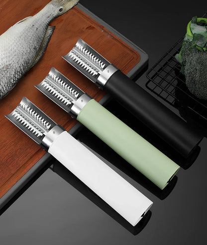 Electric handheld fish scaler machine in white, black, or light green with 125W motor and waterproof design