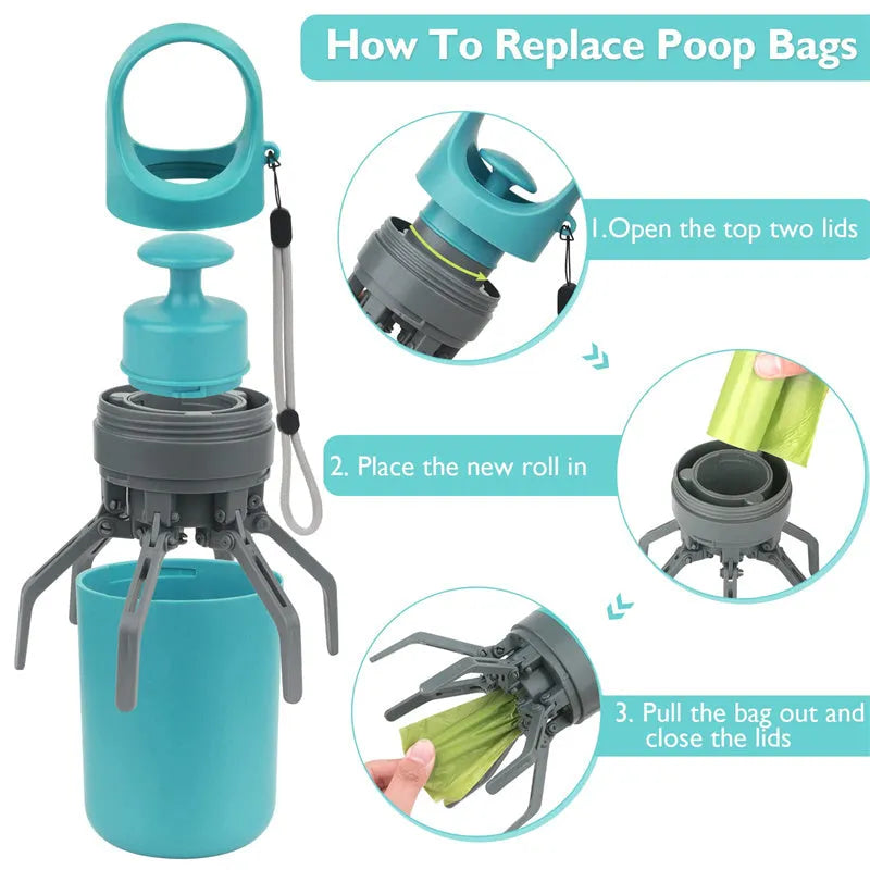 Blue portable plastic dog pooper scooper with eight-claw shovel and built-in bag dispenser