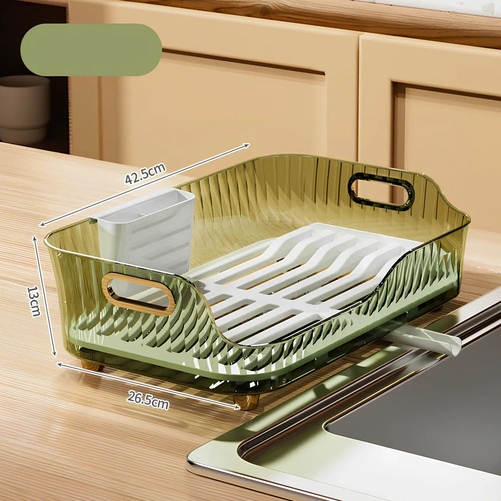 Green PET kitchen dish drain rack with organised shelving and mobile design