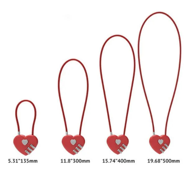 Peach heart-shaped ABS plastic bicycle helmet lock with a long steel cable, shown in various colours.