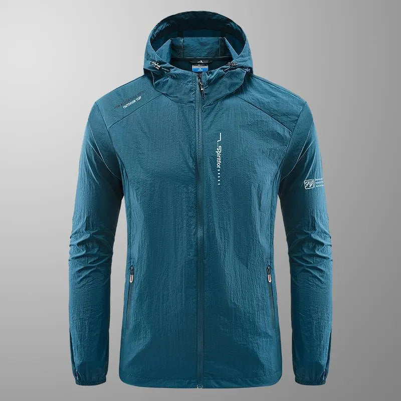Light grey men's hooded nylon summer jacket on a hanger, loose fit.
