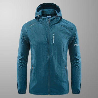 Light grey men's hooded nylon summer jacket on a hanger, loose fit.