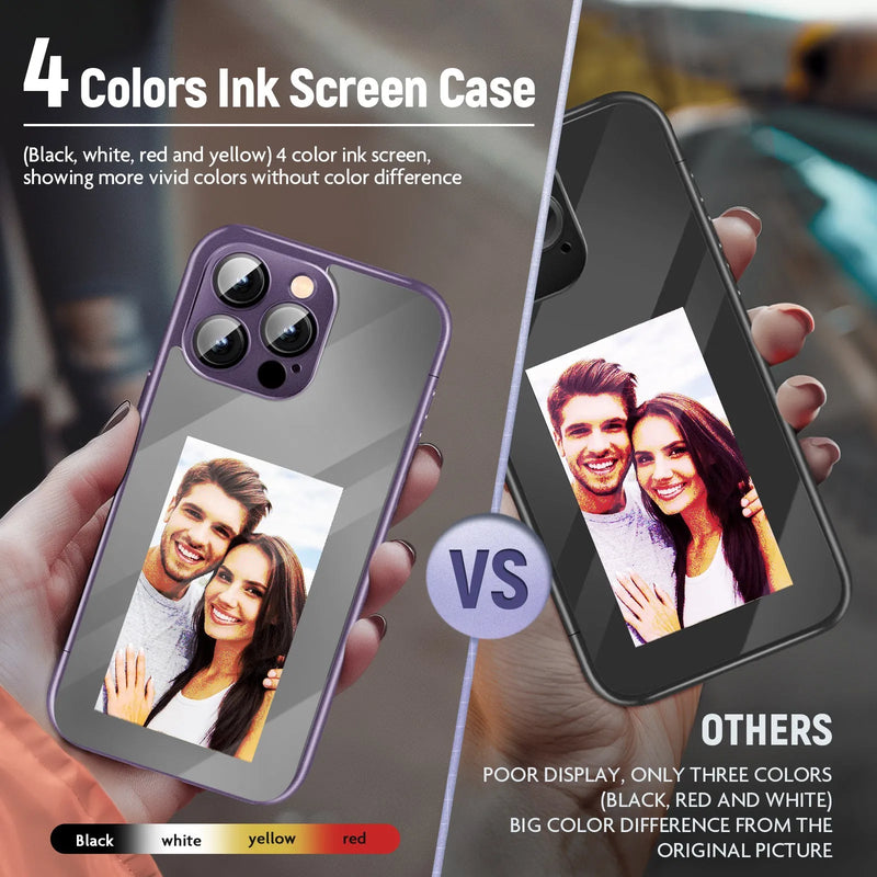 IPhone 15 Pro and Pro Max NFC ink screen flip phone case with DIY customisation, plastic mobile cover for creative personalised protection in black or purple