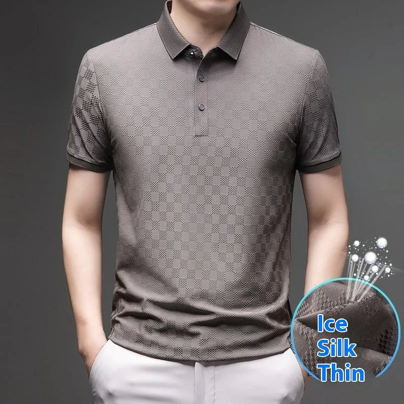 Rhombus thin ice silk short sleeve t-shirt in black with slit design, sizes M to 4XL