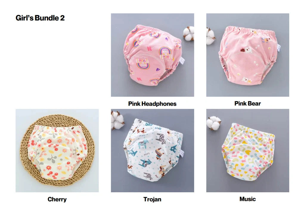 Washable baby training pants with 6-layer gauze construction in pure cotton, showing five colour options