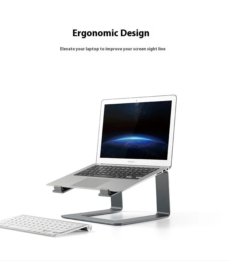 Black aluminium alloy laptop stand raising a laptop for ergonomic desktop use