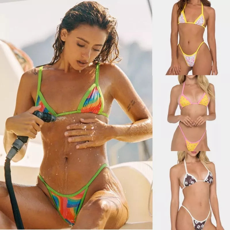 Female Split Digital Print Bikini Set with yellow, green, pink, white edge colors