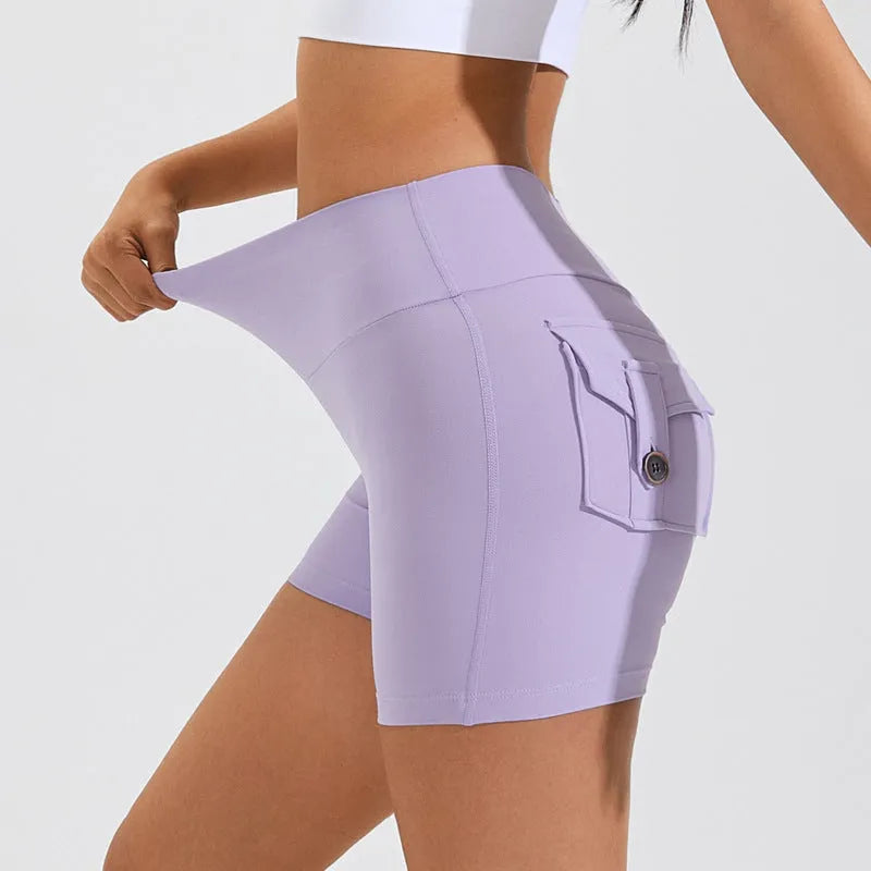 Women's high-waist fitness shorts with pockets in quick-dry nylon fabric