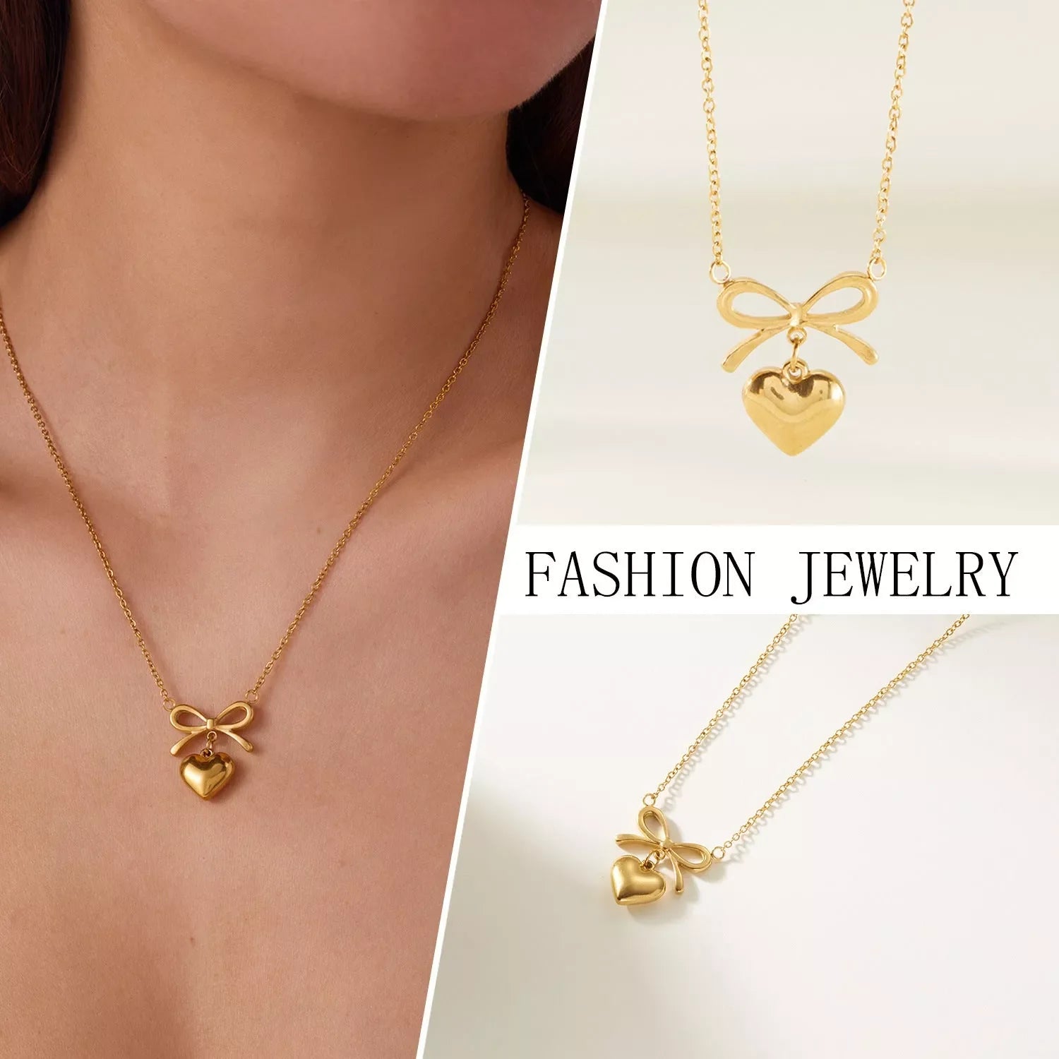 Stainless steel heart bowknot charm choker necklace for women, waterproof and adjustable