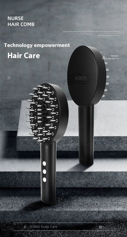 Handheld KD3802 black scalp massager with vibrating application nodes and USB charging cable on a white background.
