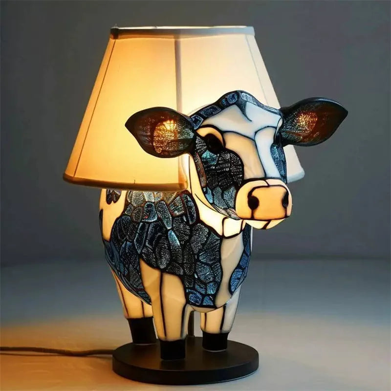 Vintage cow table lamp with USB power for cozy bedroom lighting