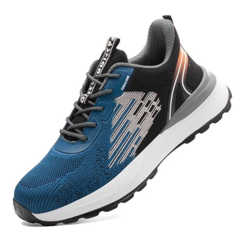 Blue men's safety work shoe with plastic toe cap, mesh upper, and lace-up closure.