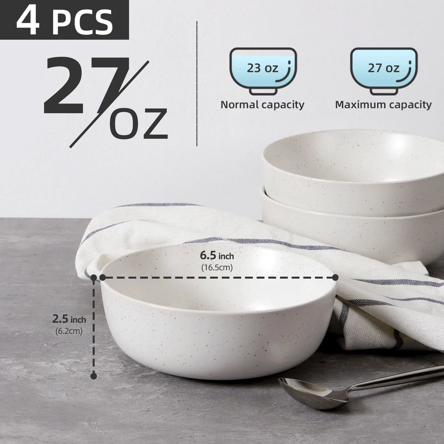 Elegant 4-piece ceramic bowl set, perfect for cereals, salads, and more. Microwave, oven, and dishwasher safe.