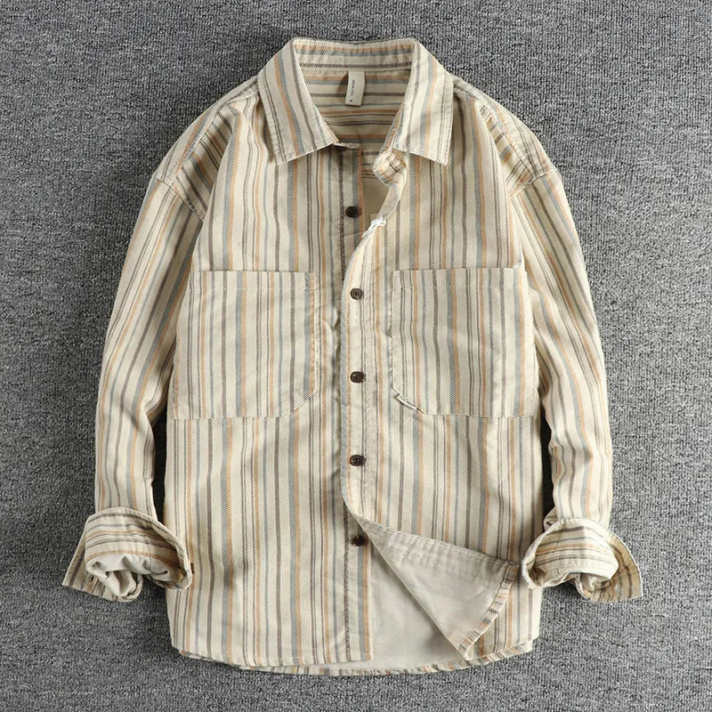 Men's vintage striped shirt with yarn-dyed fabric in loose Japanese retro style