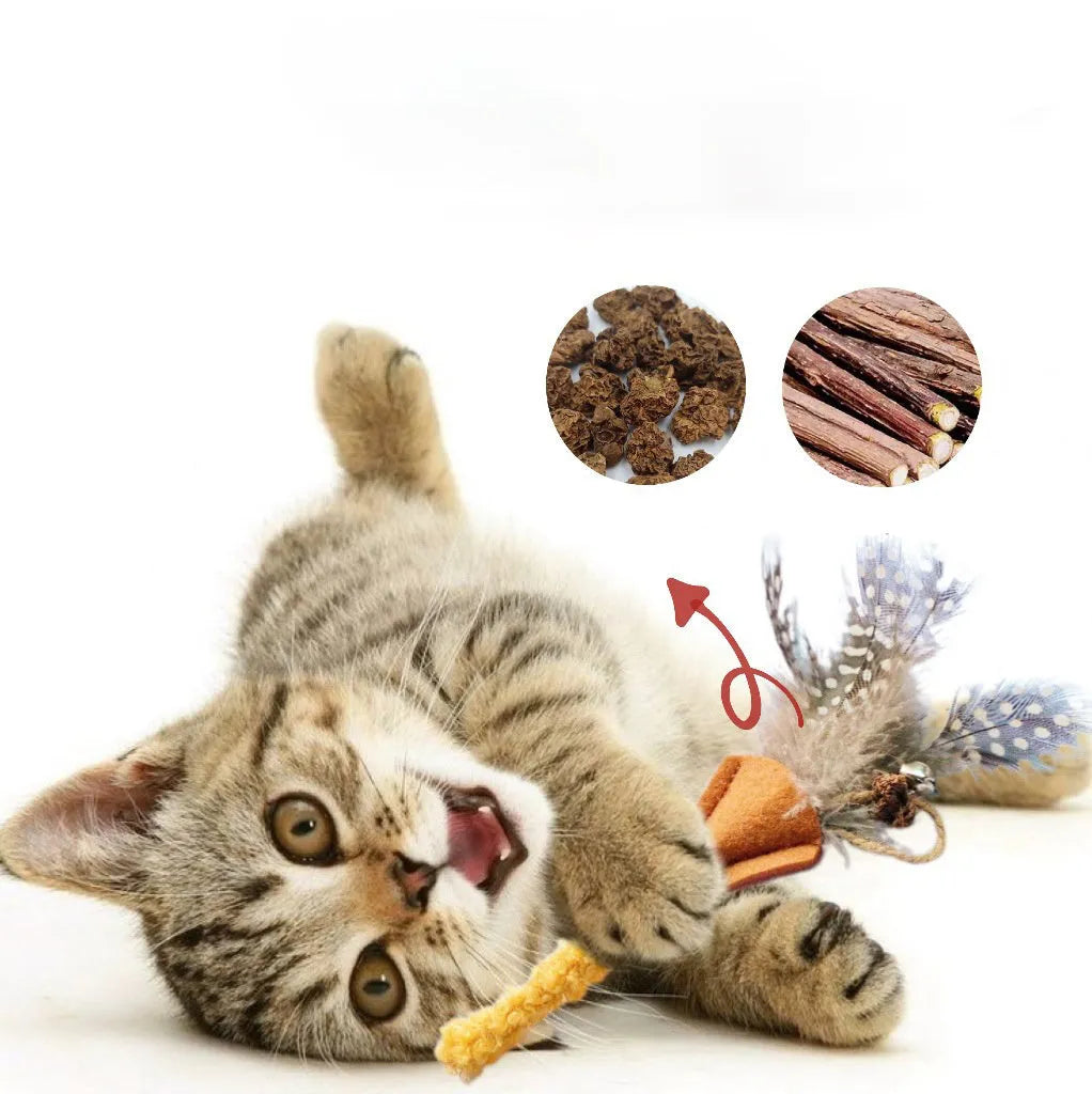 Polygonum wood cat chew toy with green and yellow feather attachments for dental health and interactive play