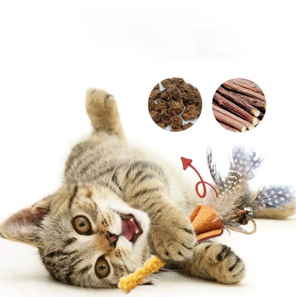 Polygonum wood cat chew toy with green and yellow feather attachments for dental health and interactive play