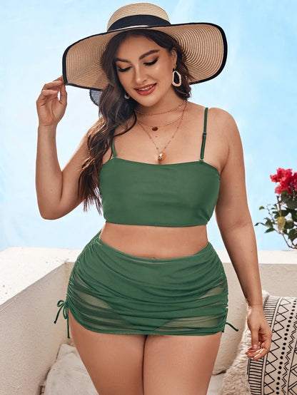 Women's solid colour mesh bikini three-piece set showing top, underwear and apron pieces