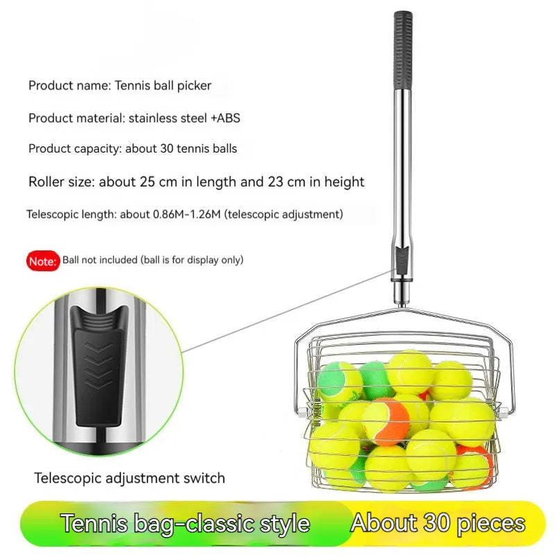 Stainless steel roller tennis ball picker on a court surface