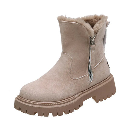 Women's black high top snow boots with a faux suede upper and side zipper on a white background.