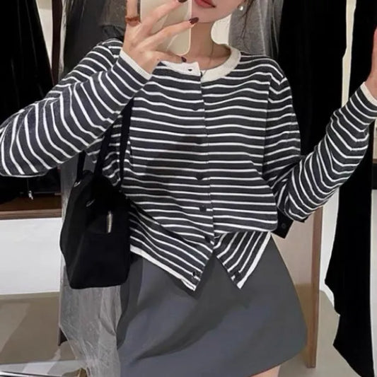 Women's dark grey cardigan with white stripes, 40cm length, free size slim fit, viscose spandex blend