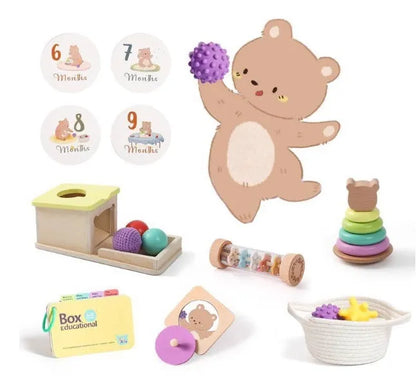 Montessori rattle toy set with black and white cards and ball chime in a colour box for babies 0-18 months