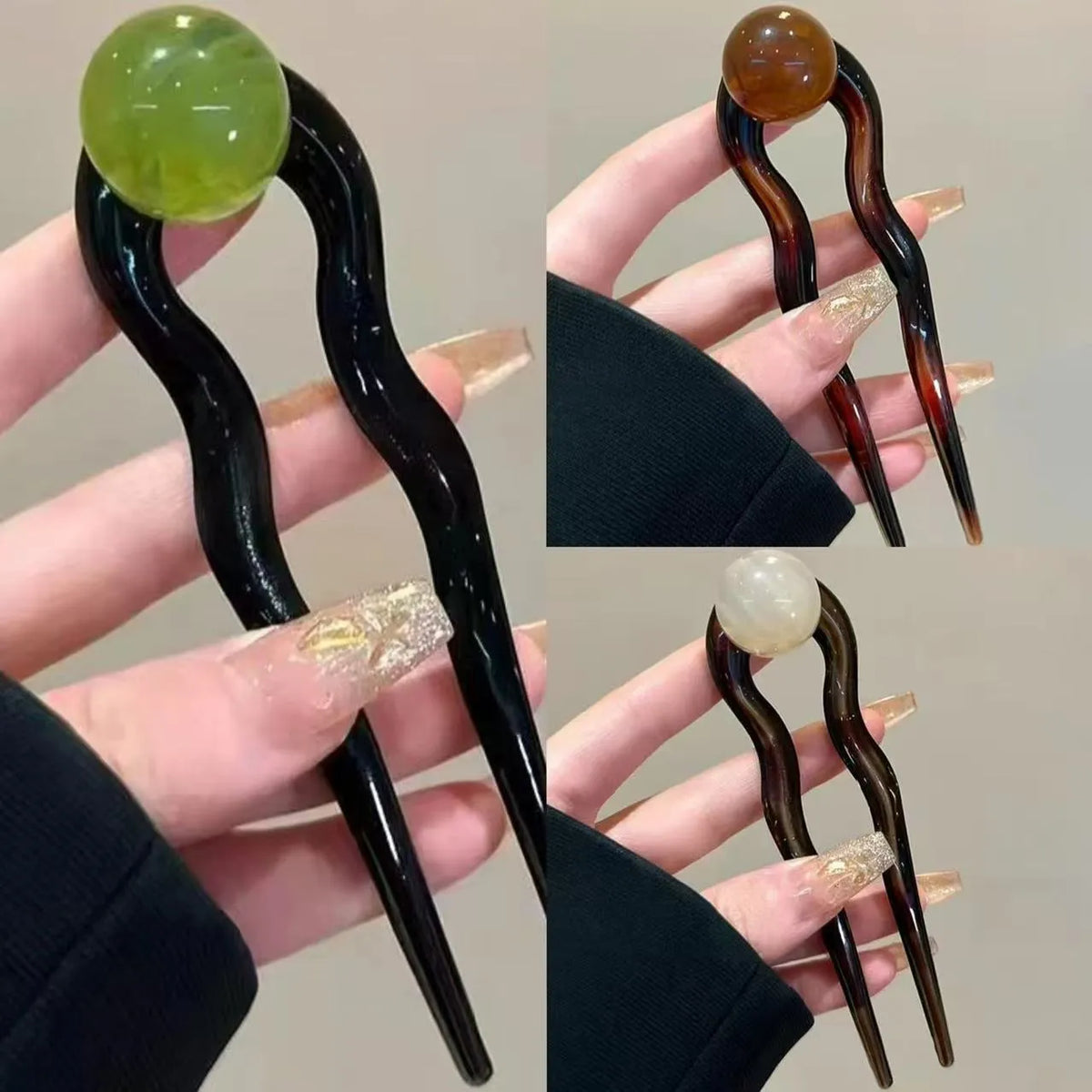 Acrylic U-shaped hair barrette with retro ball design in caramel colour