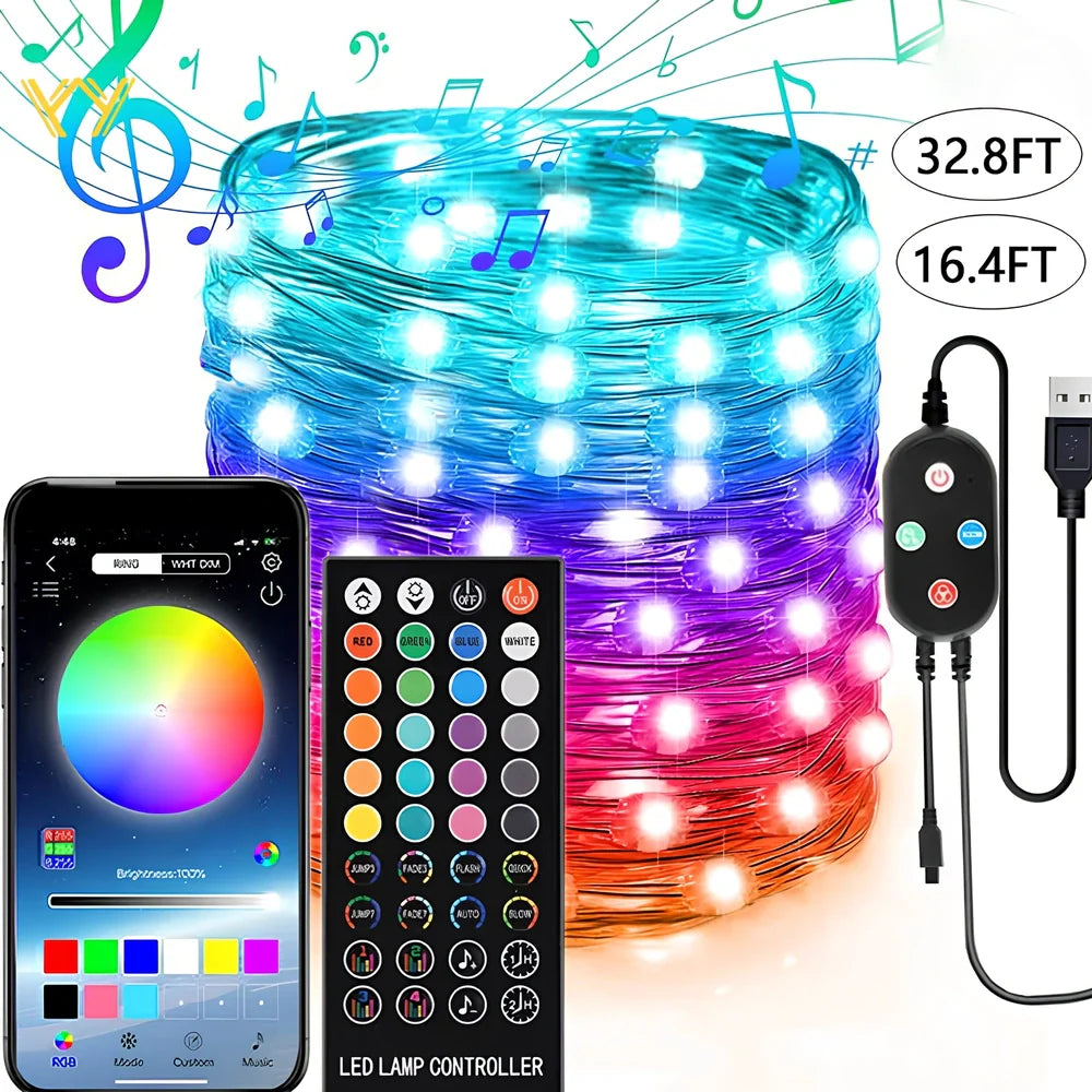APP Bluetooth copper wire light string with 100 LED lights showing colour-changing pattern