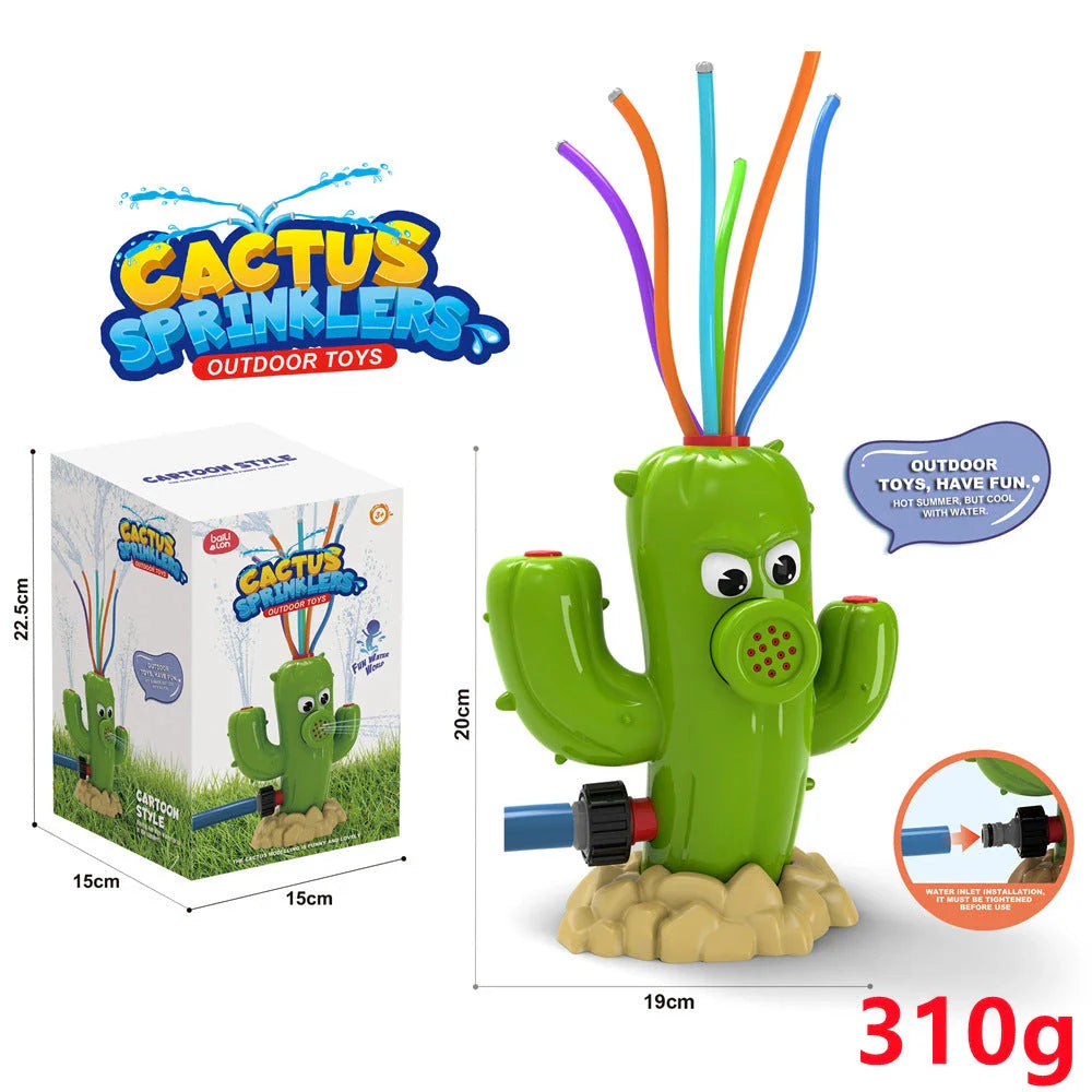 Colorful outdoor water sprinkler toy with cactus-shaped design for kids to enjoy in the backyard