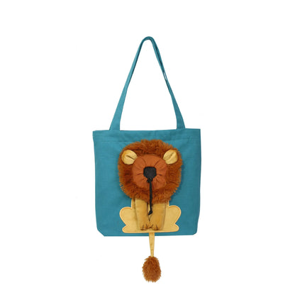 Soft canvas pet carrier bag with lion design, adjustable head opening, and safety zippers for small dogs and cats.